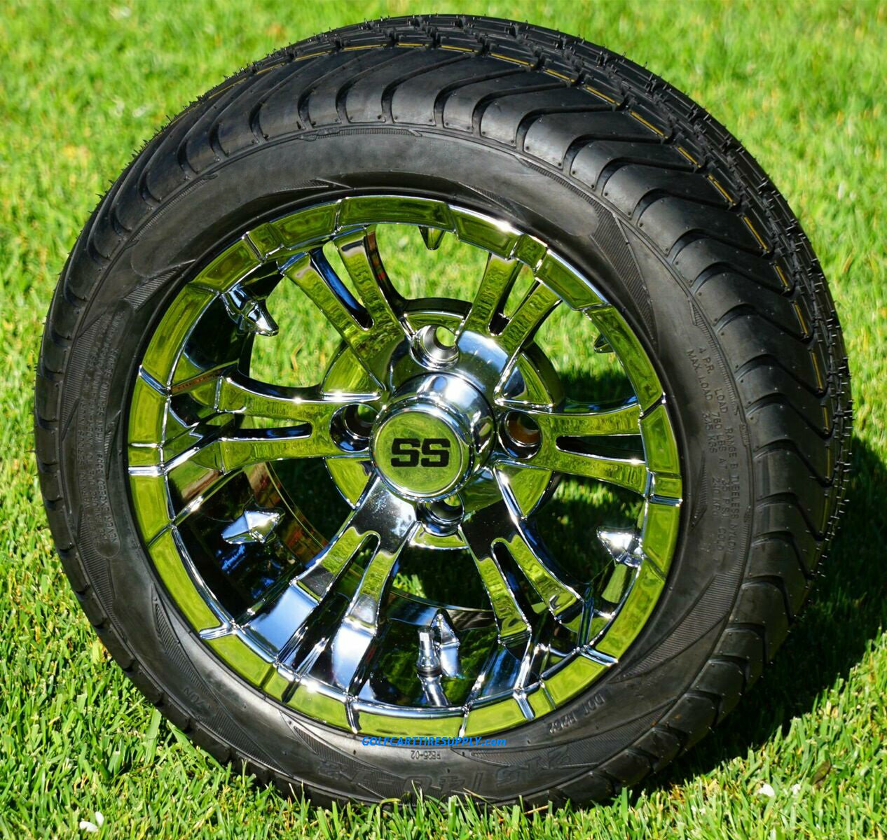 12″ VAMPIRE CHROME WHEELS AND 215/40-12 LOW PROFILE DOT TIRES COMBO – SET OF 4