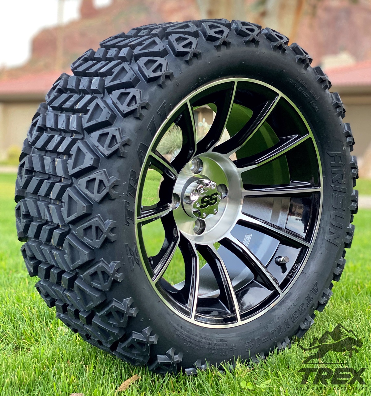 14″ TITAN MACHINED/BLACK ALUMINUM WHEELS AND 23X10-14 DOT ALL TERRAIN TIRES COMBO – SET OF 4